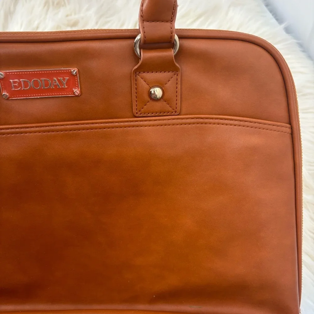 EDODAY Camel Genuine Leather Laptop bag Zipper Multi Pocket‎ 16x11